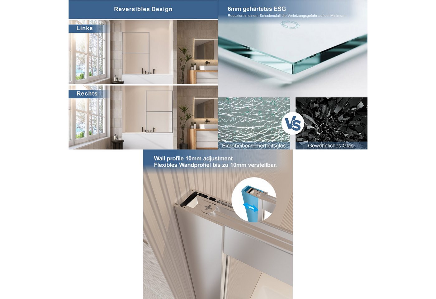 welltime Badewannenaufsatz Block, Einscheibensicherheitsglas, (1 tlg), 6mm ESG und Antikalkversiegelung,extra schlanker Rahmen – Bild 4 von 5