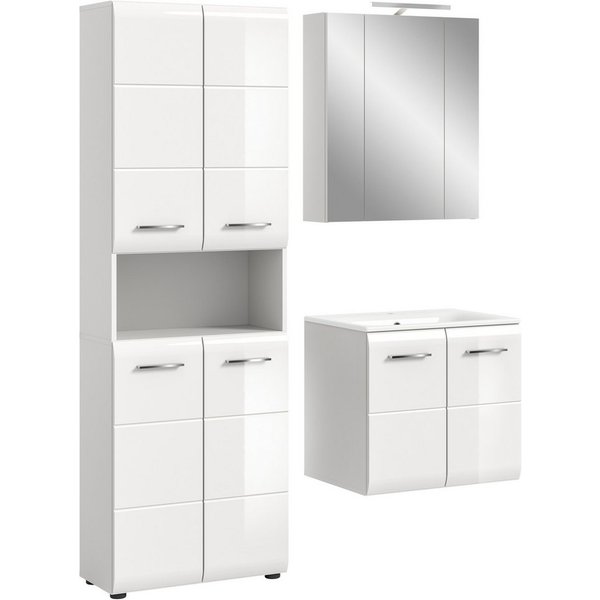 welltime Badezimmer-Set, (Set, 5-St., Hochschrank, Spiegelschr. inkl. Bel., Waschtisch inkl. Waschbecken), Bad-Kombination, Bad-Möbel, Badezimmer, Kombination, 