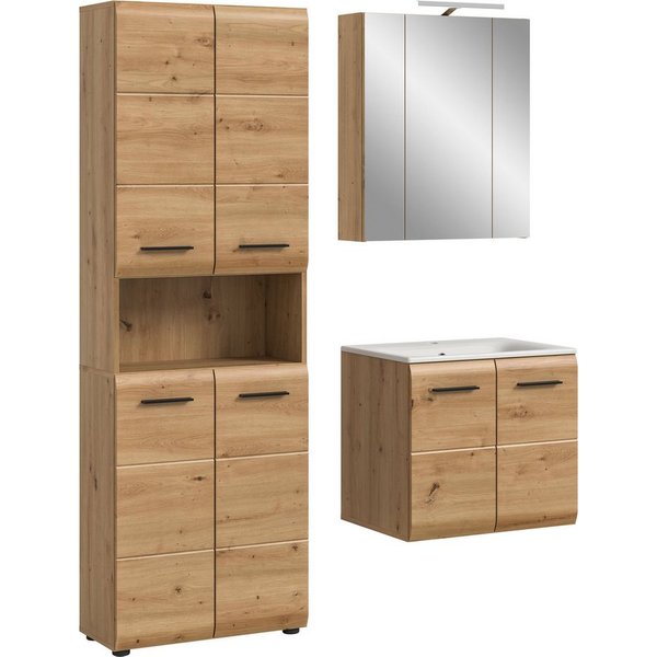 welltime Badezimmer-Set, (Set, 5-St., Hochschrank, Spiegelschr. inkl. Bel., Waschtisch inkl. Waschbecken), Bad-Kombination, Bad-Möbel, Badezimmer, Kombination, 