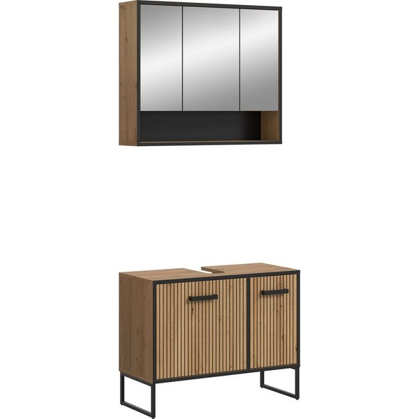 welltime Badezimmer-Set LOCRI, 2-tlg. Badkombination, Breite 80 cm, Rillenoptik, Metallkufen, (2-St., bestehend aus: Waschbeckeunterschrank & Spiegelschrank), B