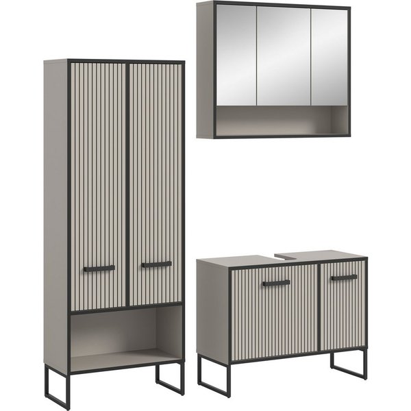 welltime Badezimmer-Set LOCRI, 3-tlg. Badkombination, Breite 154 cm, Rillenoptik, Metallkufen, (3-St., bestehend aus: Hochschrank, Waschbeckeunterschrank & Spie