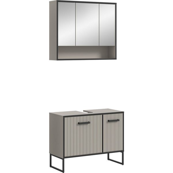 welltime Badezimmer-Set LOCRI, 2-tlg. Badkombination, Breite 80 cm, Rillenoptik, Metallkufen, (2-St., bestehend aus: Waschbeckeunterschrank & Spiegelschrank), B
