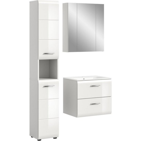 welltime Badezimmer-Set, (Set, 4-St., Hochschrank, Waschtisch inkl. Waschbecken, Spiegelschrank), Bad-Kombination, Bad-Möbel, Badezimmer, Kombination, Kombi