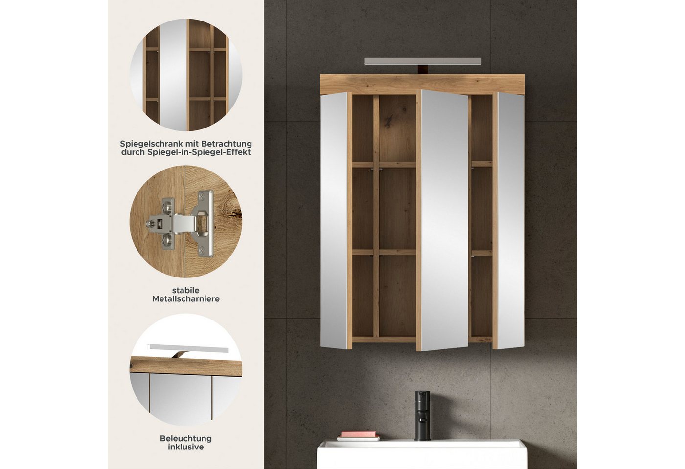 welltime Badezimmerspiegelschrank SIENA, Breite 60cm, inkl. Beleuchtung, 3 Spiegeltüren, 9 Fächer (Set, TOPSELLER) in verschiedenen Farben erhältlich, Badmöbel, – Bild 3 von 5