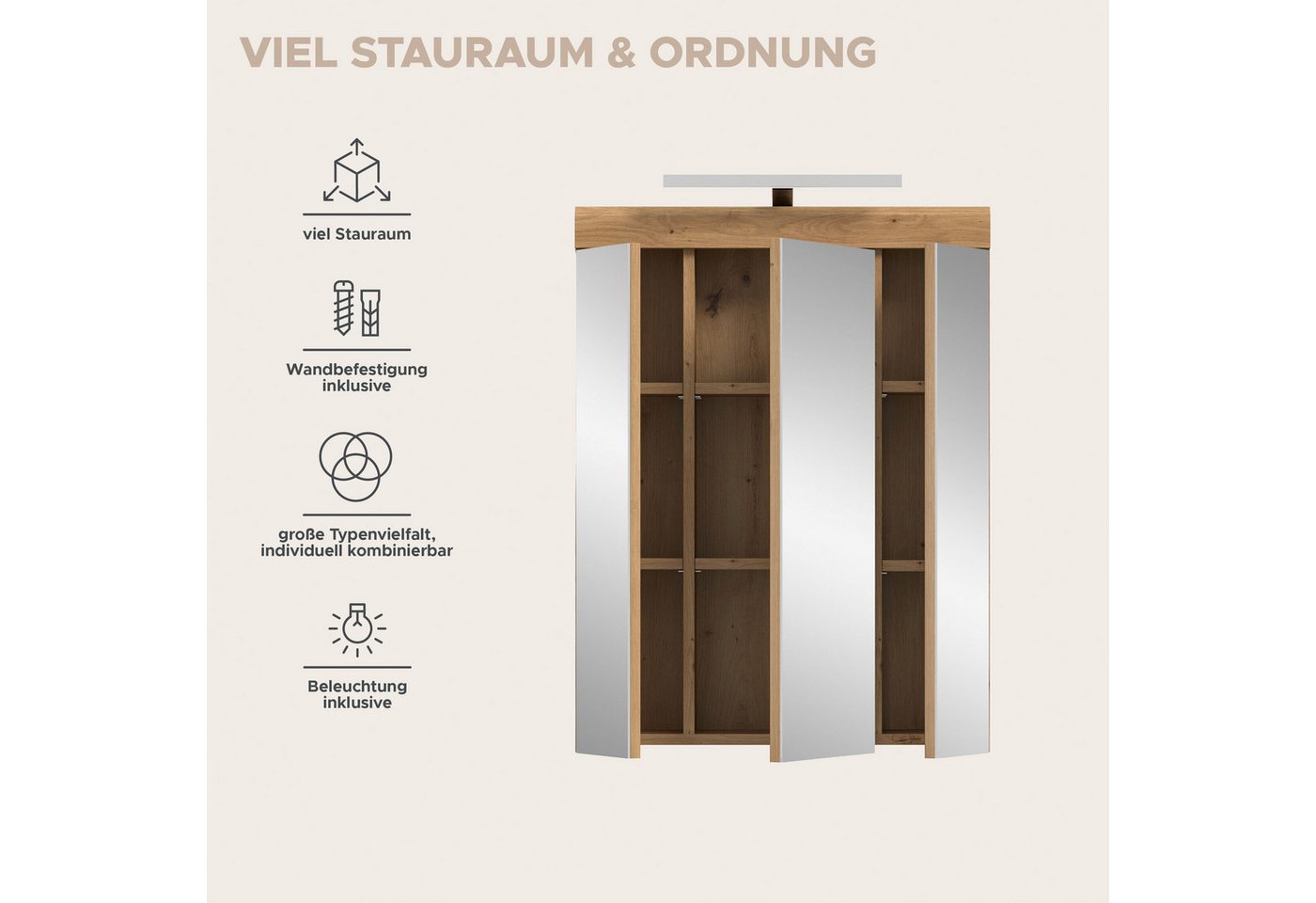 welltime Badezimmerspiegelschrank SIENA, Breite 60cm, inkl. Beleuchtung, 3 Spiegeltüren, 9 Fächer (Set, TOPSELLER) in verschiedenen Farben erhältlich, Badmöbel, – Bild 4 von 5