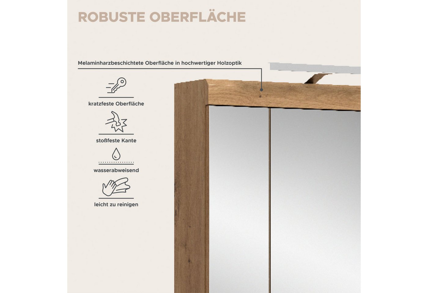 welltime Badezimmerspiegelschrank SIENA, Breite 60cm, inkl. Beleuchtung, 3 Spiegeltüren, 9 Fächer (Set, TOPSELLER) in verschiedenen Farben erhältlich, Badmöbel, – Bild 5 von 5