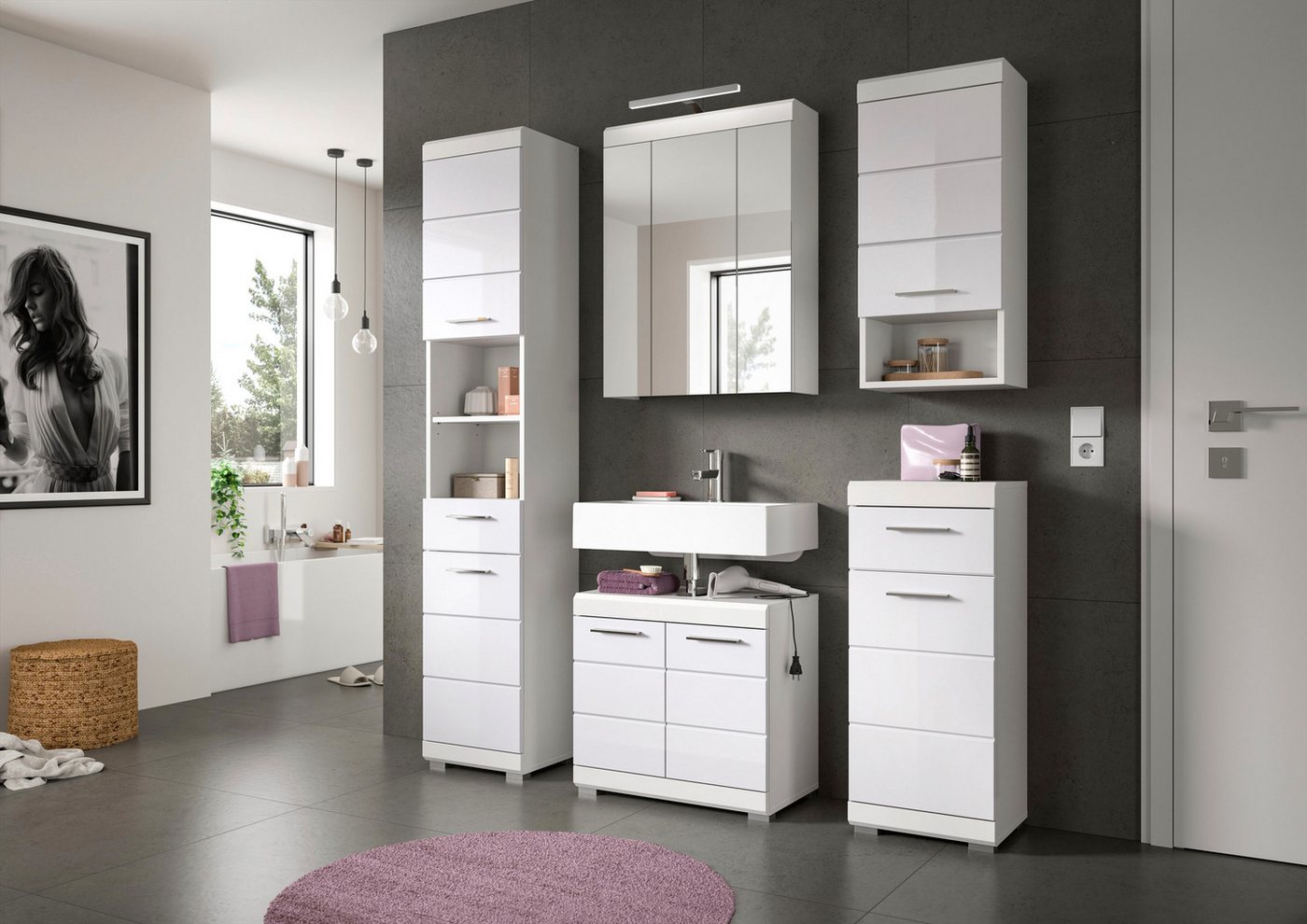 welltime Badezimmerspiegelschrank SIENA, Breite 60cm, inkl. Beleuchtung, 3 Spiegeltüren, 9 Fächer (Set, TOPSELLER) in verschiedenen Farben erhältlich, Badmöbel, – Bild 2 von 5