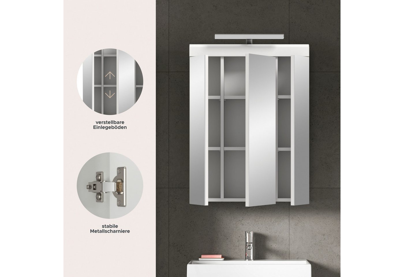 welltime Badezimmerspiegelschrank SIENA, Breite 60cm, inkl. Beleuchtung, 3 Spiegeltüren, 9 Fächer (Set, TOPSELLER) in verschiedenen Farben erhältlich, Badmöbel, – Bild 3 von 5