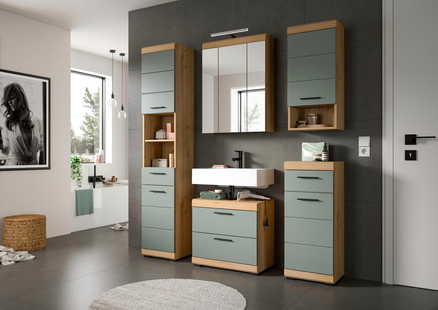 welltime Badezimmerspiegelschrank SIENA, Breite 60cm, inkl. Beleuchtung, 3 Spiegeltüren, 9 Fächer (Set, TOPSELLER) in verschiedenen Farben erhältlich, Badmöbel, – Bild 2 von 5