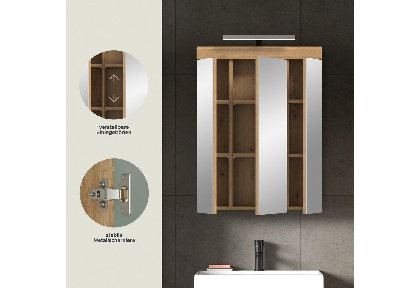 welltime Badezimmerspiegelschrank SIENA, Breite 60cm, inkl. Beleuchtung, 3 Spiegeltüren, 9 Fächer (Set, TOPSELLER) in verschiedenen Farben erhältlich, Badmöbel, – Bild 3 von 5