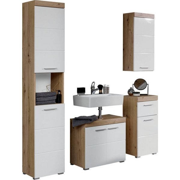 welltime Badmöbel-Set Avena, (Set, 4-St), Badmöbel - Hochschrank, Waschbeckenschrank, Hängeschrank und Kommode