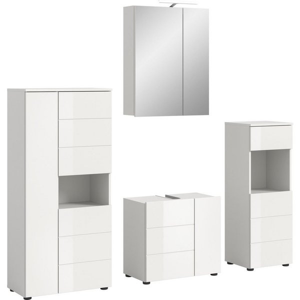 welltime Badmöbel-Set BIEL, Höhe 190 cm,Hochschrank,WBU, Spiegelschrank, Unterschrank, Lampe, (5-St), Bad Set, modernes Design, Unterschrank, Spiegel, Aufsatzle