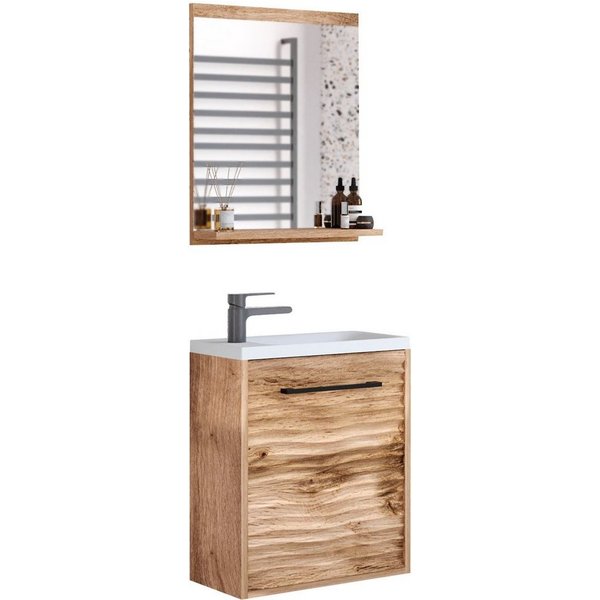 welltime Badmöbel-Set Canada, (Komplett-Set, 2-St., Fronten mit Wellenstruktur), Badmöbel mit Soft-Close, Gästebad Waschtisch mit Becken und Spiegel