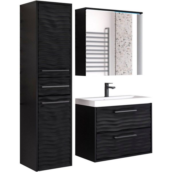 welltime Badmöbel-Set Canada - Fronten mit Wellenstruktur, (Komplett-Set, 3-St., Fronten mit Wellenstruktur), Badmöbel mit Soft-Close, Spiegelschrank, Waschtisc