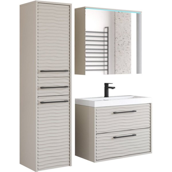 welltime Badmöbel-Set Canada - Fronten mit Wellenstruktur, (Komplett-Set, 3-St., Fronten mit Wellenstruktur), Badmöbel mit Soft-Close, Spiegelschrank, Waschtisc