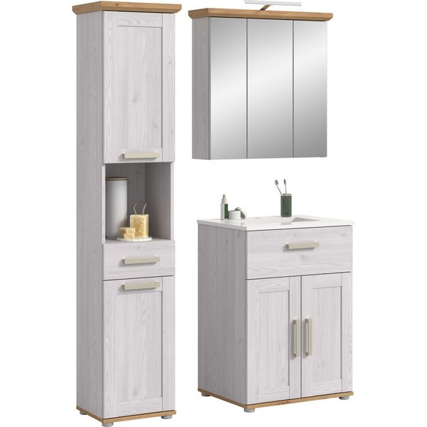 welltime Badmöbel-Set COSENZA, 3-teilig, inkl. Beleuchtung, mit farblich abgesetztem Kranz, (4-St., best.aus: Hochschrank, Waschtisch inkl. Waschbecken & Spiege