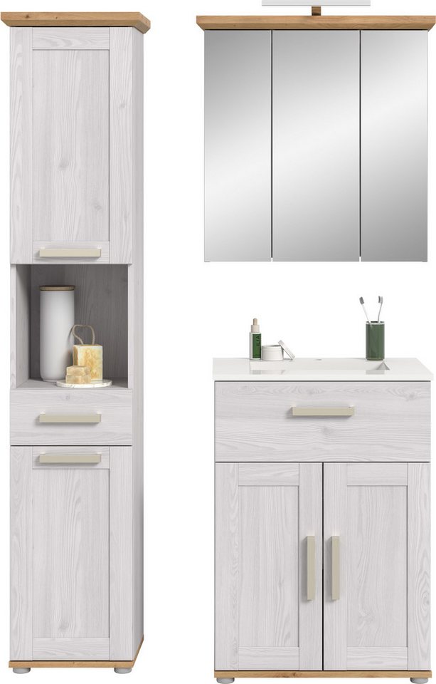 welltime Badmöbel-Set COSENZA, 3-teilig, inkl. Beleuchtung, mit farblich abgesetztem Kranz, (4-St., best.aus: Hochschrank, Waschtisch inkl. Waschbecken & Spiege – Bild 2 von 5
