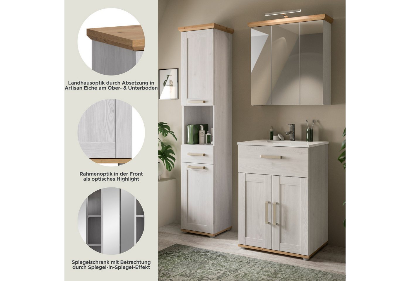 welltime Badmöbel-Set COSENZA, 3-teilig, inkl. Beleuchtung, mit farblich abgesetztem Kranz, (4-St., best.aus: Hochschrank, Waschtisch inkl. Waschbecken & Spiege – Bild 4 von 5