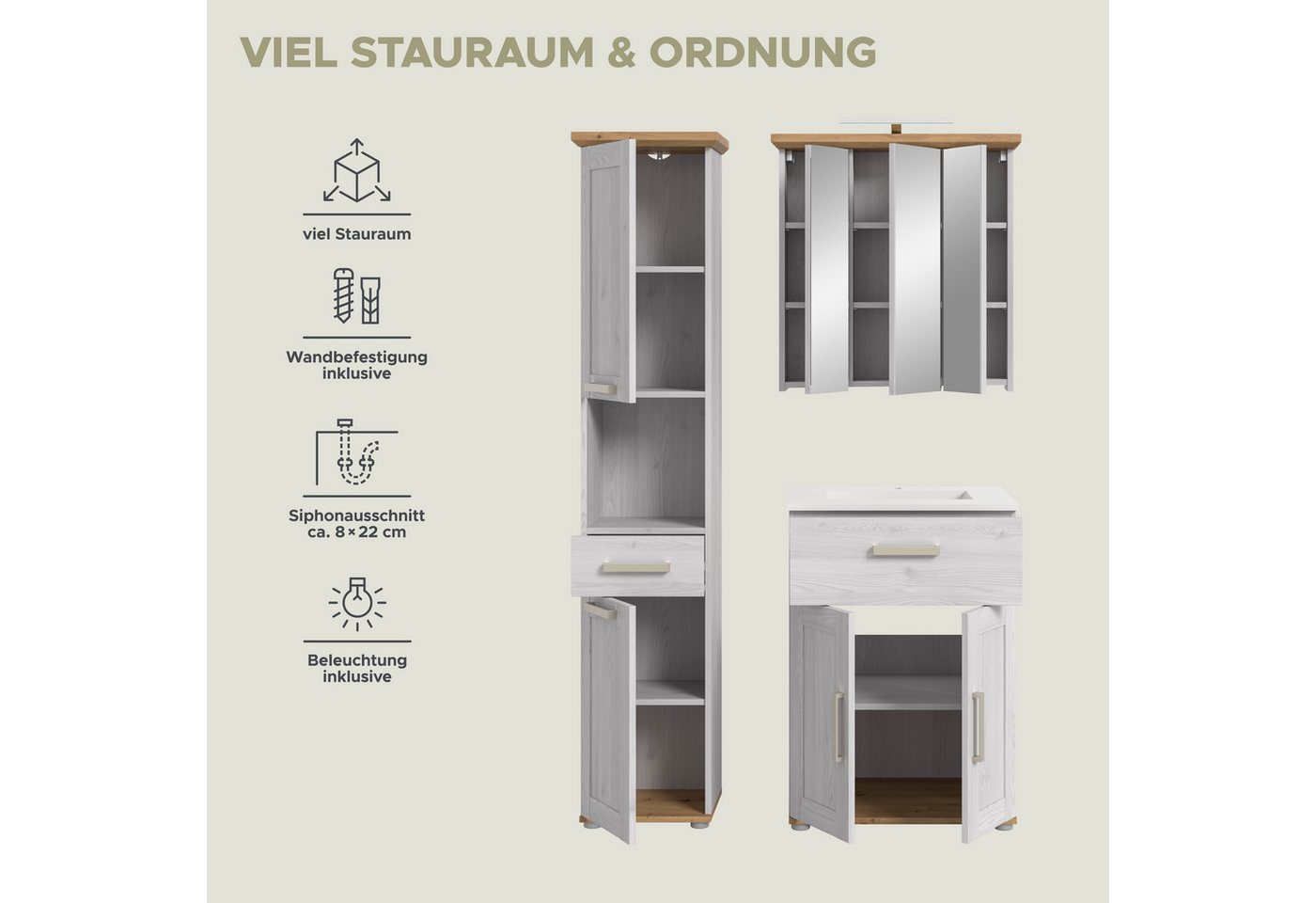 welltime Badmöbel-Set COSENZA, 3-teilig, inkl. Beleuchtung, mit farblich abgesetztem Kranz, (4-St., best.aus: Hochschrank, Waschtisch inkl. Waschbecken & Spiege – Bild 5 von 5