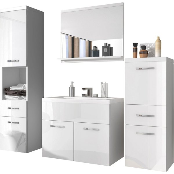 welltime Badmöbel-Set ELDA, (Komplett-Set, 5-St), Waschtisch inkl. Waschbecken, Hochschrank, Badschrank und Spiegel