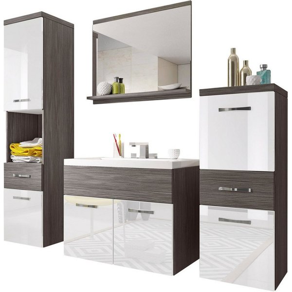welltime Badmöbel-Set ELDA, (Komplett-Set, 5-St), Waschtisch inkl. Waschbecken, Hochschrank, Badschrank und Spiegel