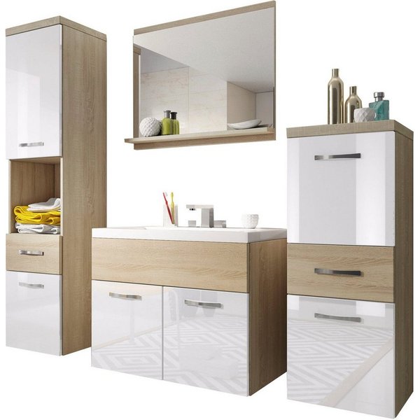welltime Badmöbel-Set ELDA, (Komplett-Set, 5-St), Waschtisch inkl. Waschbecken, Hochschrank, Badschrank und Spiegel