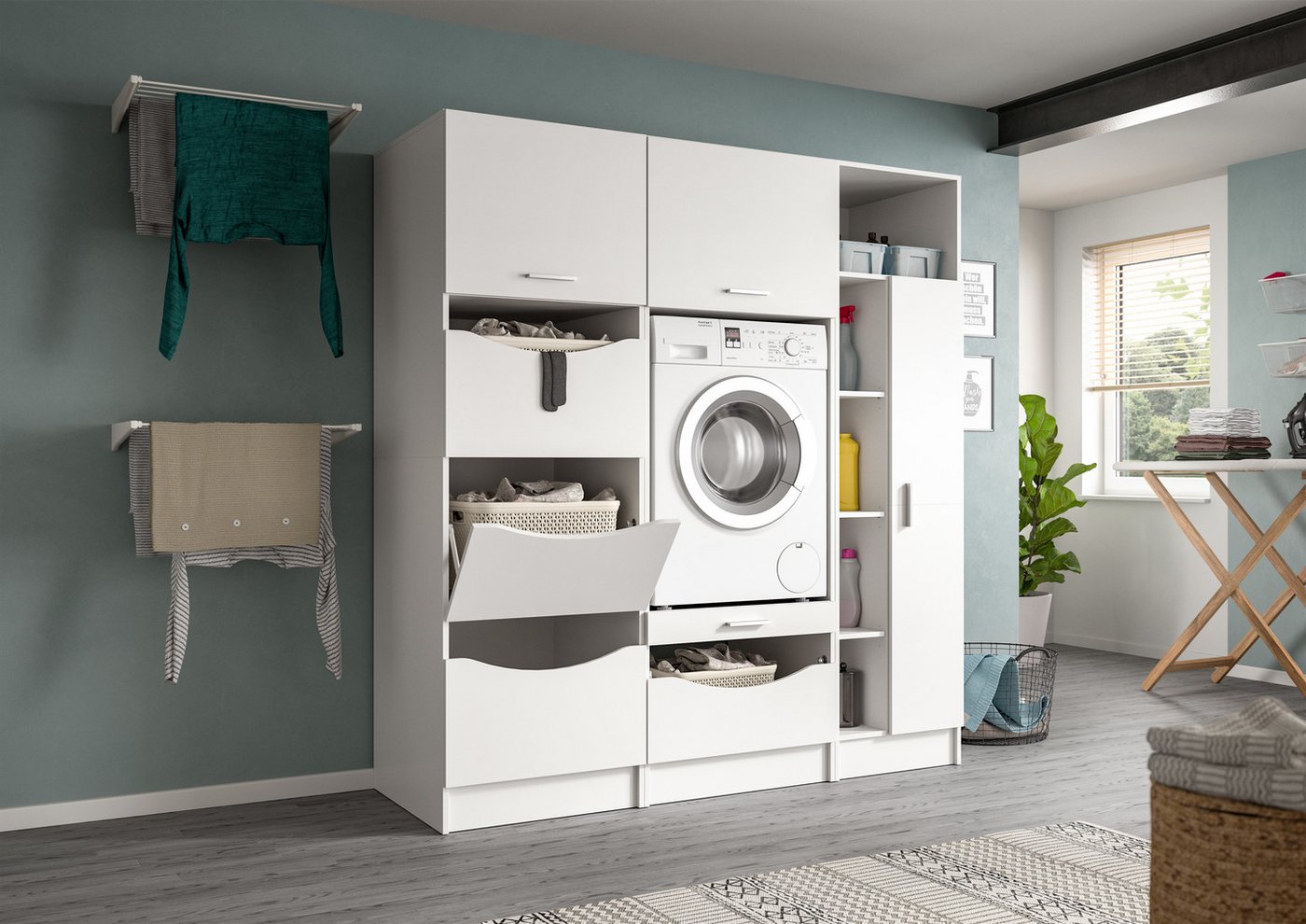 welltime Badmöbel-Set FALAS, 3-teilig, Hauswirtschaftsraum Set, Breite 176 cm, (Set, 3-St., 1x Wäscheschrank, 1x Waschmaschinenumbauschrank, 1x Mehrzweckschrank – Bild 2 von 5