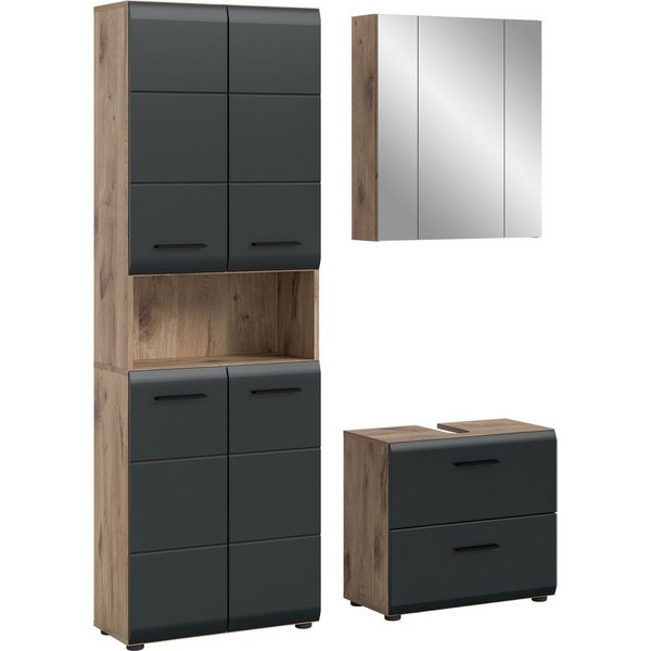 welltime Badmöbel-Set FLORENZ, 3-teilige Badkombination, hochwertige MDF-Front, (Set, 3-St., best. aus: 1 Hochschrank, 1 Waschbeckenunterschrank, 1 Spiegelschra