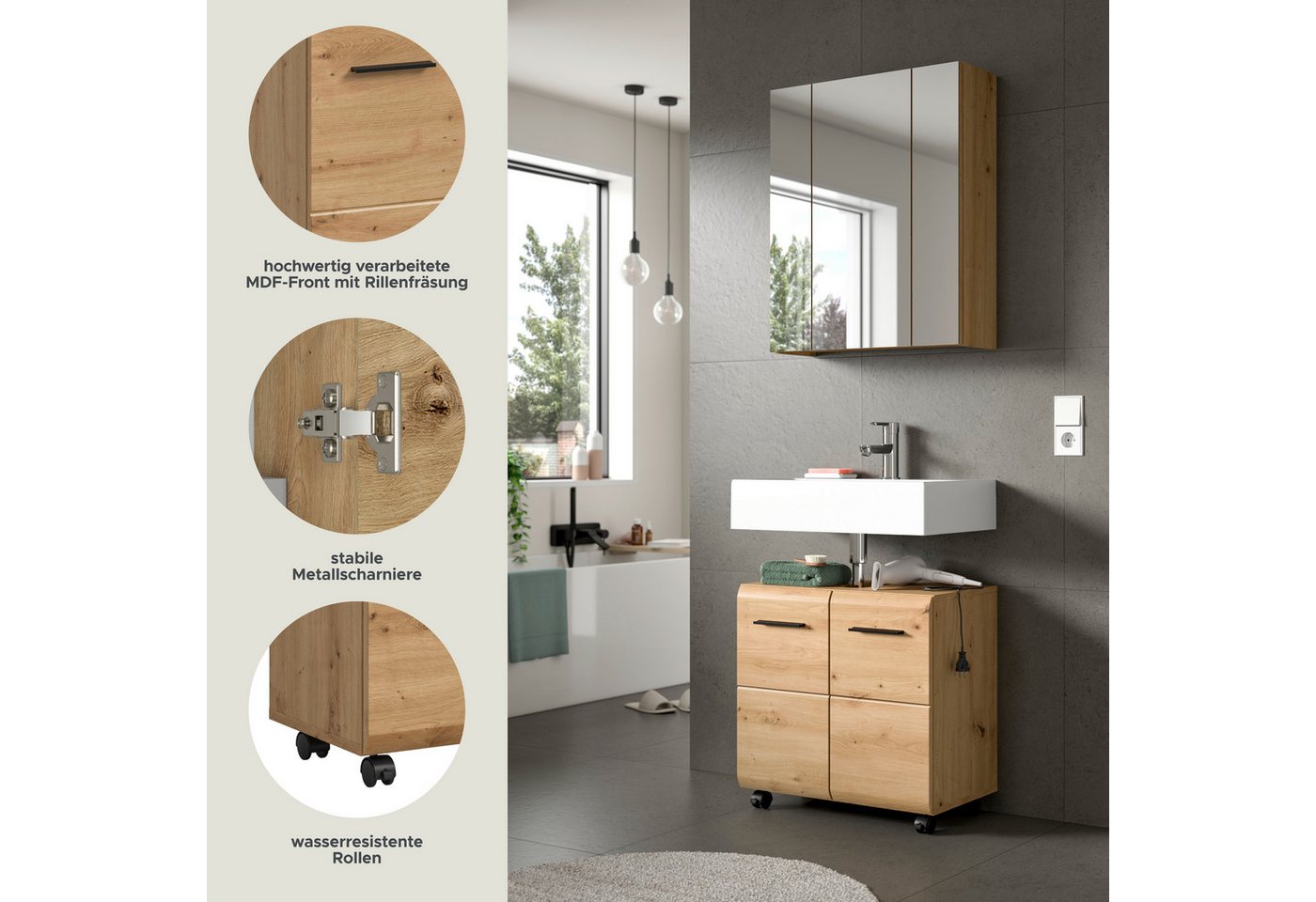welltime Badmöbel-Set FLORENZ, 2-tlg. Bad-Kombination, hochwertige MDF-Front, (3-St., best. aus: 1 Spiegelschrank, 1 Waschbeckenunterschrank), Bad-Kombination,  – Bild 3 von 5