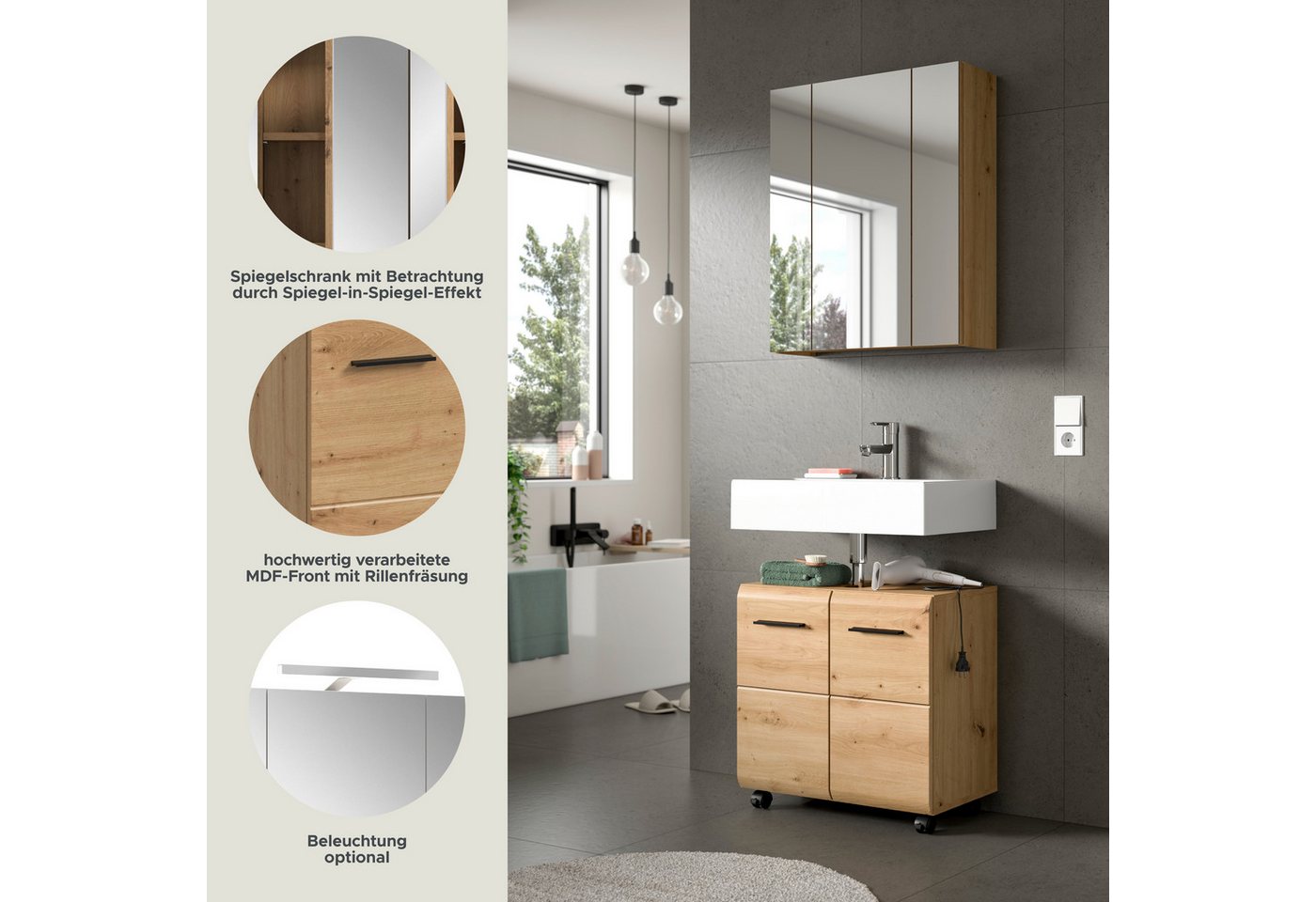 welltime Badmöbel-Set FLORENZ, 2-tlg. Bad-Kombination, hochwertige MDF-Front, (3-St., best. aus: 1 Spiegelschrank, 1 Waschbeckenunterschrank), Bad-Kombination,  – Bild 4 von 5