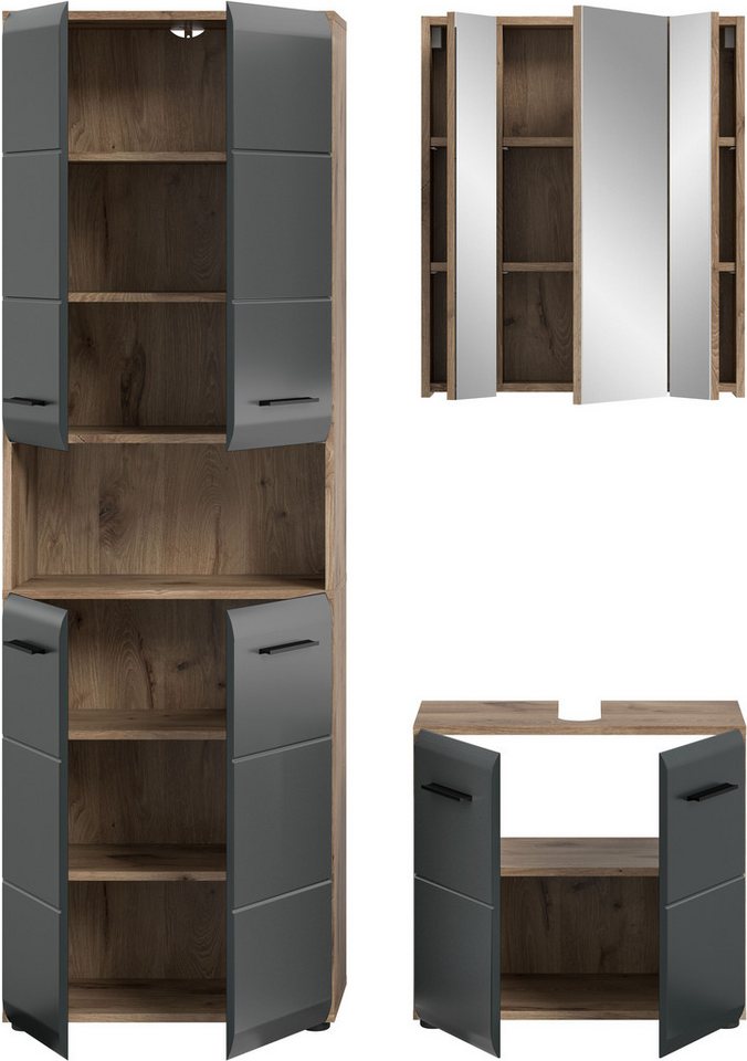 welltime Badmöbel-Set FLORENZ, 3-teilige Badkombination, hochwertige MDF-Front, (Set, 3-St., best. aus: 1 Hochschrank, 1Waschbeckenunterschrank, 1 Spiegelschran – Bild 4 von 5