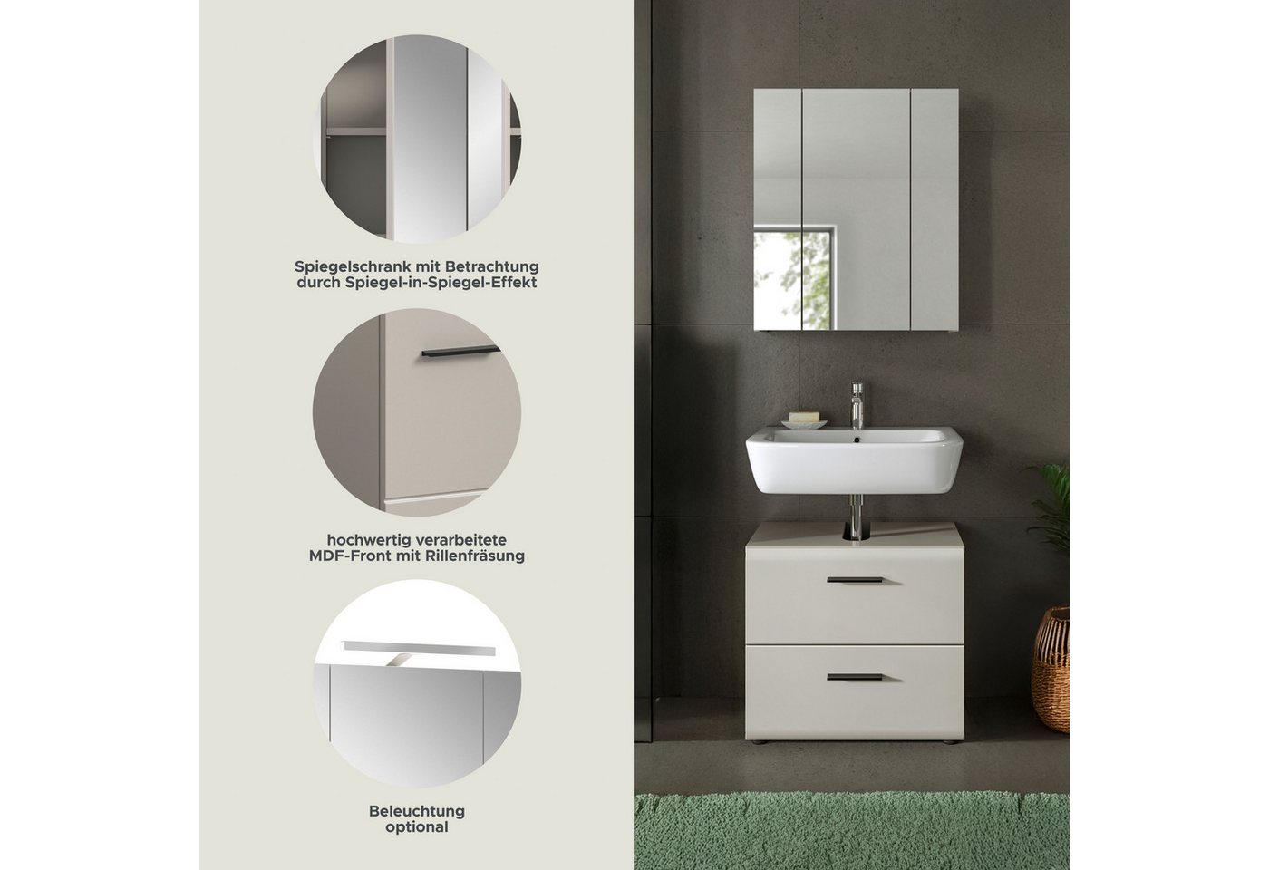 welltime Badmöbel-Set FLORENZ, 2-teilige Badkombination, hochwertige MDF-Front, (Set, 2-St., bestehend aus: 1 Waschbeckenunterschrank, 1 Spiegelschrank), Bad-Ko – Bild 3 von 5