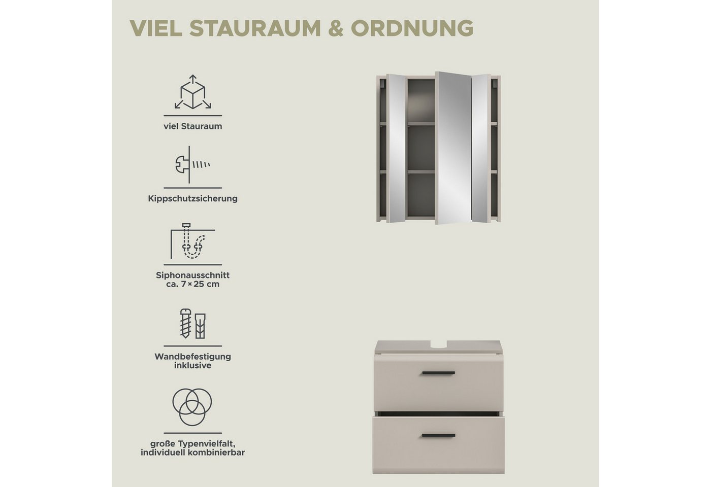 welltime Badmöbel-Set FLORENZ, 2-teilige Badkombination, hochwertige MDF-Front, (Set, 2-St., bestehend aus: 1 Waschbeckenunterschrank, 1 Spiegelschrank), Bad-Ko – Bild 5 von 5