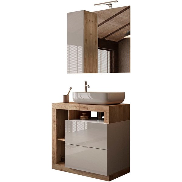 welltime Badmöbel-Set Hamburg, Badezimmerset 2tlg. Breite 79 cm, Badmöbel, Waschtisch inkl., (Spar-Set, 2-St), Waschbecken, Spiegelschrank mit LED Aufbauleuchte