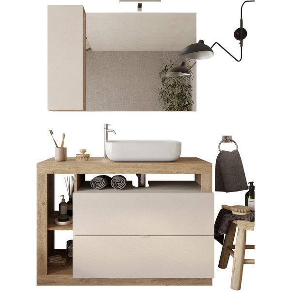 welltime Badmöbel-Set Hamburg, Badezimmerset 2tlg. Breite 110 cm, Badmöbel, Waschtisch inkl., (Spar-Set, 2-St), Waschbecken, Spiegelschrank mit LED Aufbauleucht