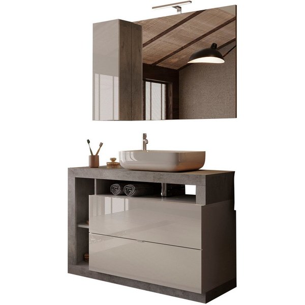 welltime Badmöbel-Set Hamburg, Badezimmerset 2tlg. Breite 110 cm, Badmöbel, Waschtisch inkl., (Spar-Set, 2-St), Waschbecken, Spiegelschrank mit LED Aufbauleucht