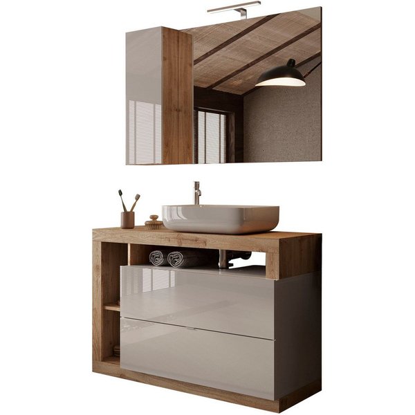 welltime Badmöbel-Set Hamburg, Badezimmerset 2tlg. Breite 110 cm, Badmöbel, Waschtisch inkl., (Spar-Set, 2-St), Waschbecken, Spiegelschrank mit LED Aufbauleucht