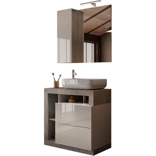 welltime Badmöbel-Set Hamburg, Badezimmerset 2tlg. Breite 79 cm, Badmöbel, Waschtisch inkl., (Spar-Set, 2-St), Waschbecken, Spiegelschrank mit LED Aufbauleuchte