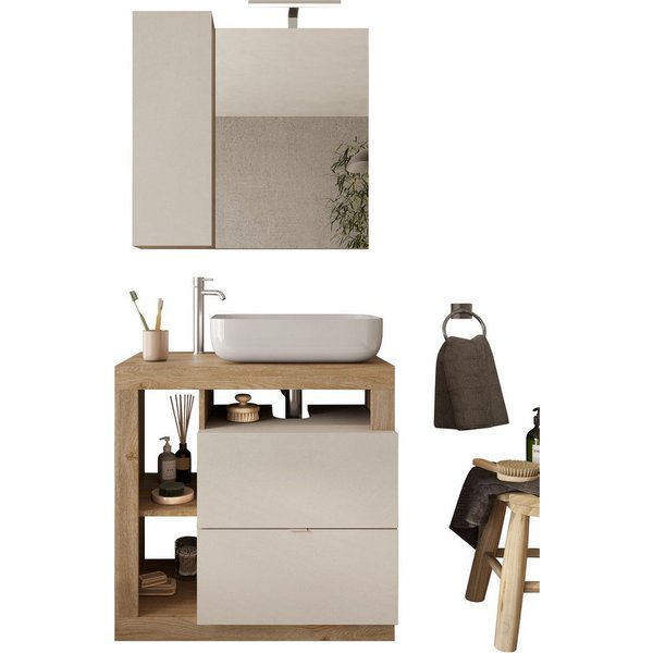 welltime Badmöbel-Set Hamburg, Badezimmerset 2tlg. Breite 79 cm, Badmöbel, Waschtisch inkl., (Spar-Set, 2-St), Waschbecken, Spiegelschrank mit LED Aufbauleuchte