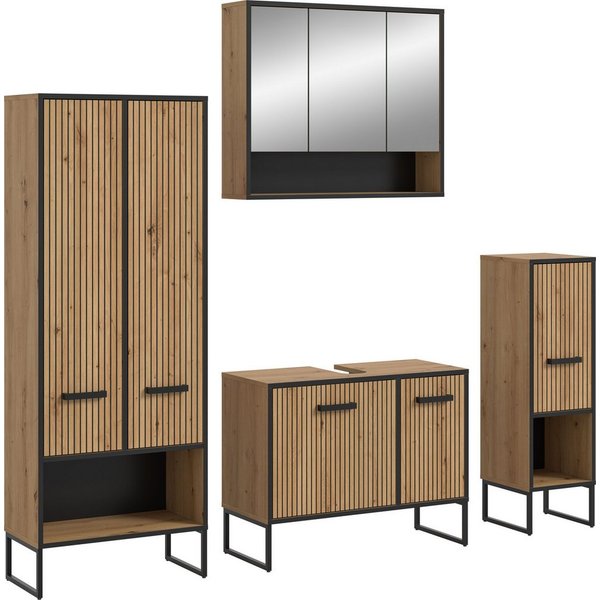 welltime Badmöbel-Set LOCRI, 4-tlg. Badkombination, Breite 199 cm, Rillenoptik, Metallkufen, (4-St., bestehend aus: Hochschrank, WBU, Spiegelschrank & Standschr