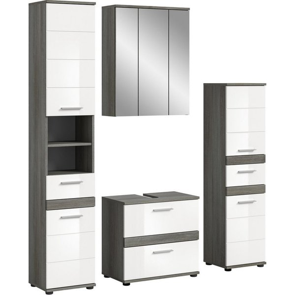 welltime Badmöbel-Set LUCCA, 4-teilig, MDF Hochglanzfront, bestehend aus:, (Set, 4-St), Hochschrank, Waschbeckenunterschrank, Spiegelschrank, Standschrank