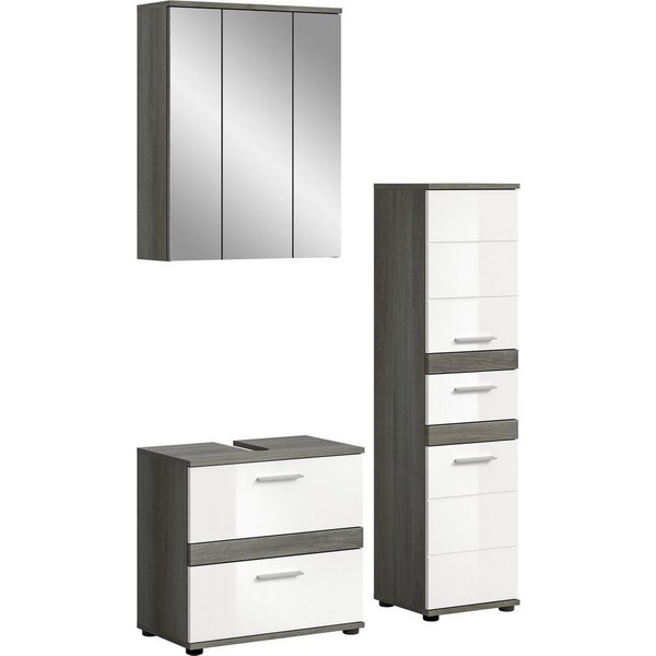 welltime Badmöbel-Set LUCCA, 3-teilig, hochwertige MDF Front, (Set, 3-St., best. aus: Waschbeckenunterschrank, Spiegelschrank, Hochschrank), Badkombination, Bad