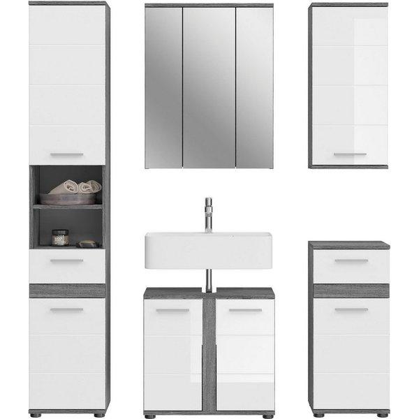 welltime Badmöbel-Set LUCCA, 5-teilig, MDF Hochglanzfront, bestehend aus:, (Set, 5-St), Hochschrank, WBU, Spiegel, Unterschrank, Hängeschrank