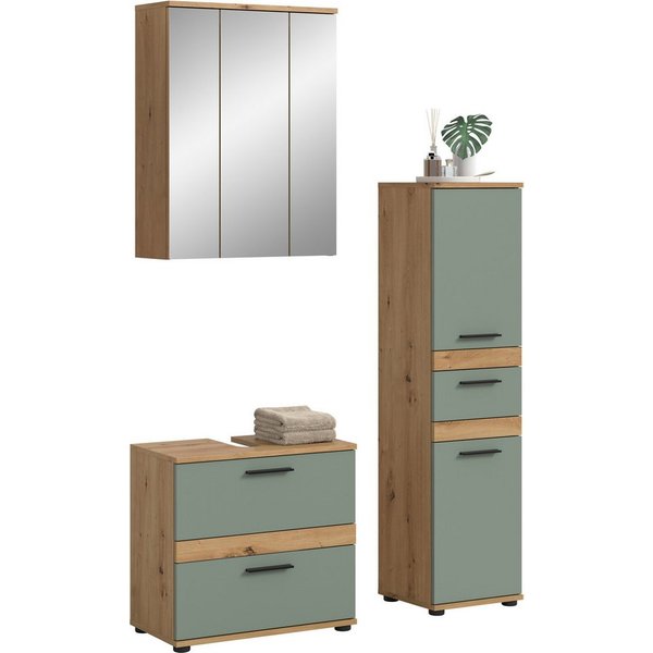 welltime Badmöbel-Set LUCCA, 3-teilig, hochwertige MDF Front, (Set, 3-St., best. aus: Waschbeckenunterschrank, Spiegelschrank, Hochschrank)