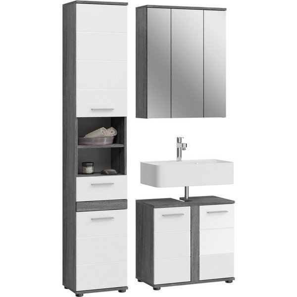 welltime Badmöbel-Set LUCCA, 3 teilig, MDF Hochglanzfront, bestehend aus:, (Set, 3-St), Hochschrank, Waschbeckenunterschrank, Spiegel
