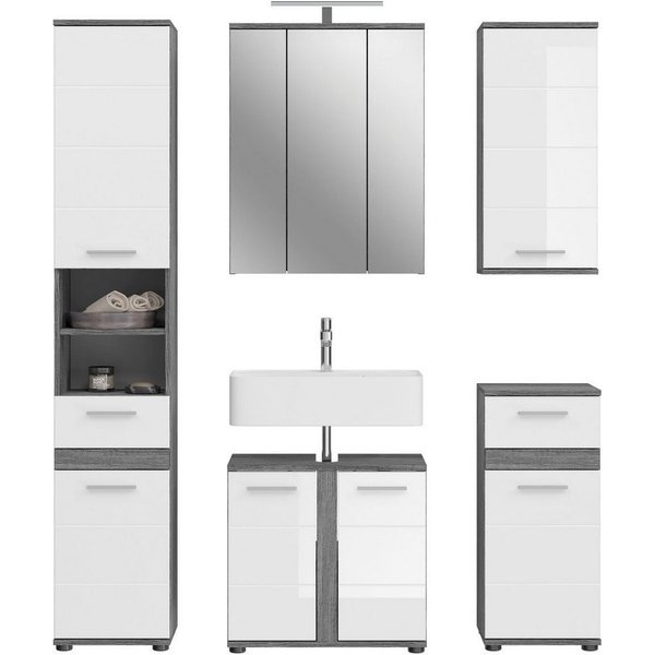 welltime Badmöbel-Set LUCCA, 5-teilig, inklusive LED Beleuchtung, bestehend aus:, (Set, 5-St), Hochschrank, WBU, Spiegelschrank, Unterschrank, Hängeschrank
