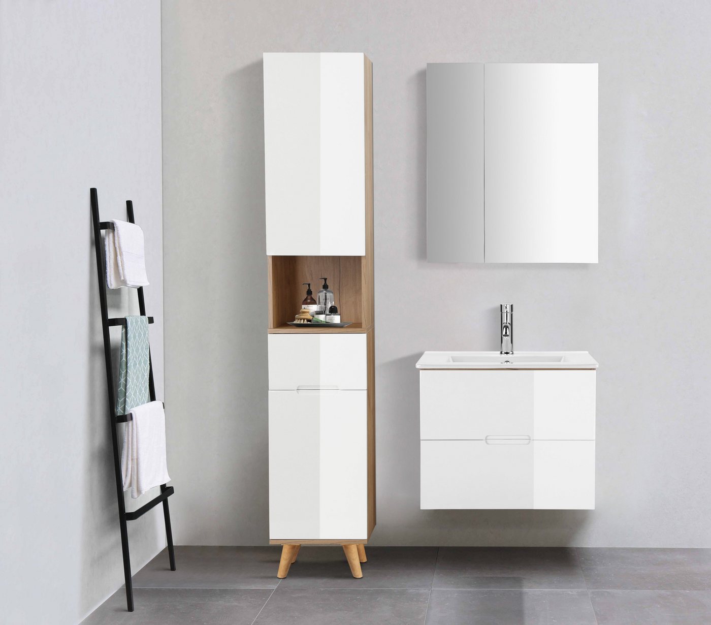 welltime Badmöbel-Set Lund Badmöbel Set Badschrank Badezimmerset, (Komplett-Set), Spiegelschrank, Waschtisch und Waschbecken Breite 60cm – Bild 2 von 5