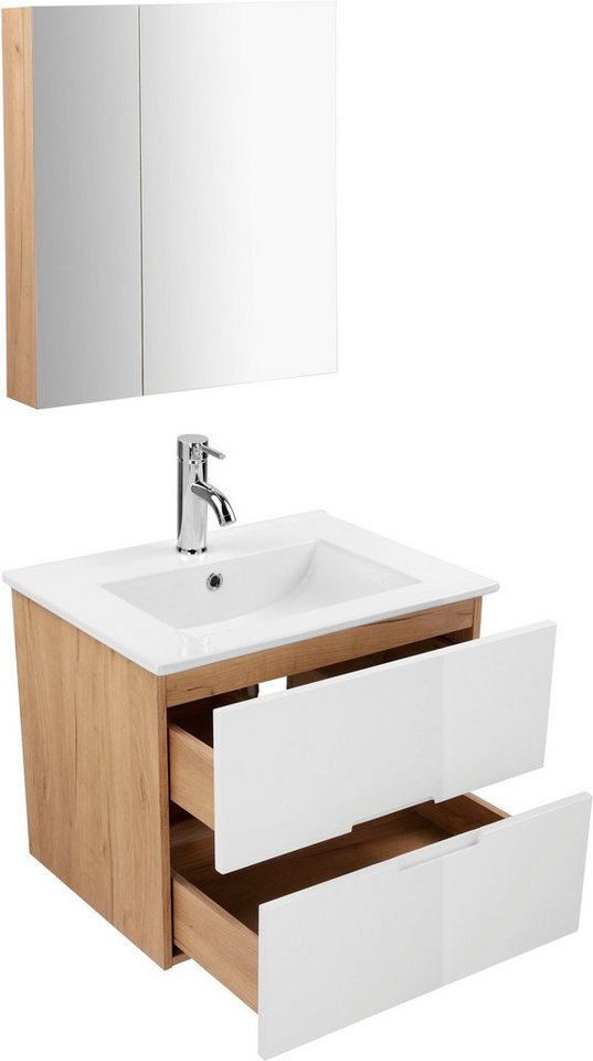 welltime Badmöbel-Set Lund Badmöbel Set Badschrank Badezimmerset, (Komplett-Set), Spiegelschrank, Waschtisch und Waschbecken Breite 60cm – Bild 4 von 5