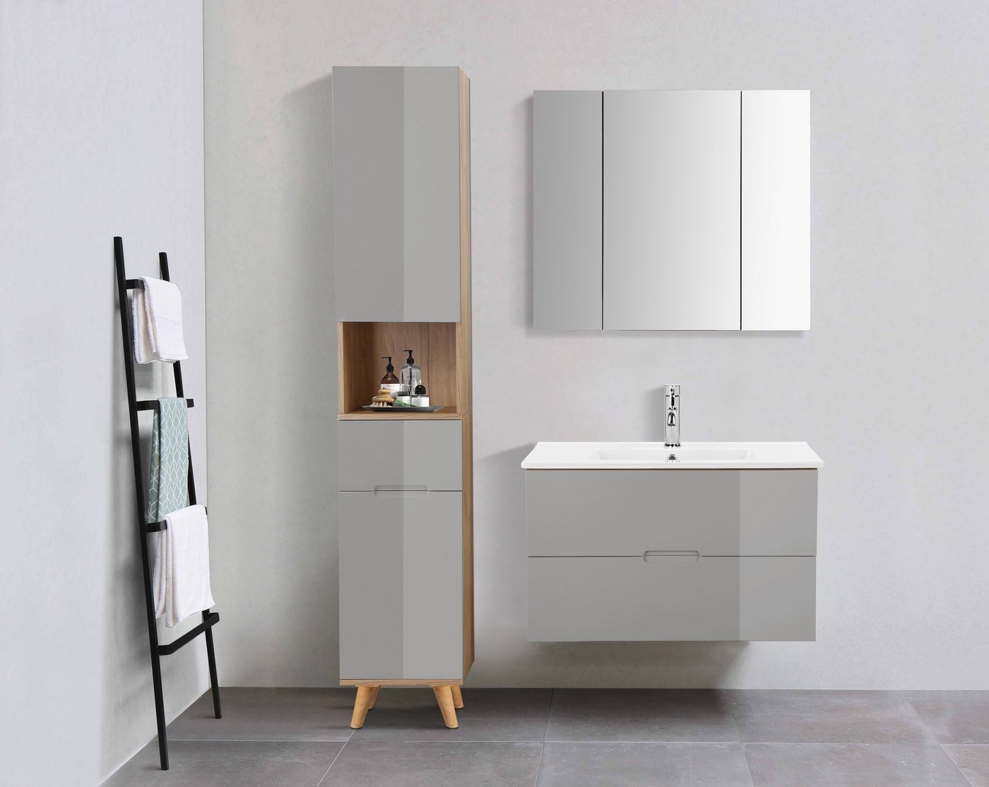 welltime Badmöbel-Set Lund Badmöbel Set Badschrank Badezimmerset, (Komplett-Set, 3-St), Waschtisch, Spiegelschrank und Becken Breite 80cm – Bild 2 von 5