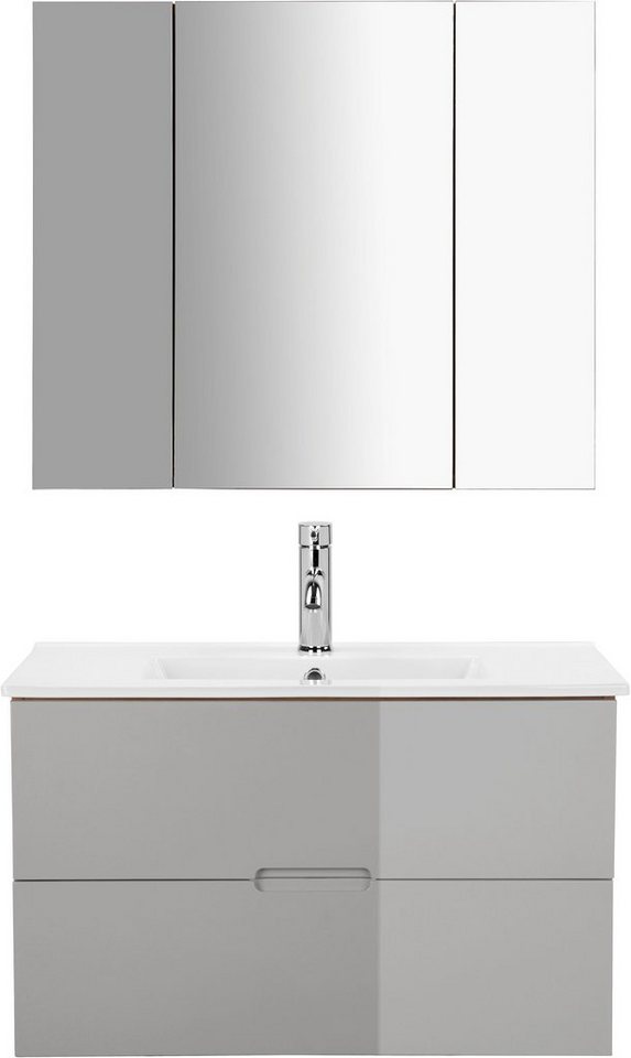 welltime Badmöbel-Set Lund Badmöbel Set Badschrank Badezimmerset, (Komplett-Set, 3-St), Waschtisch, Spiegelschrank und Becken Breite 80cm – Bild 3 von 5